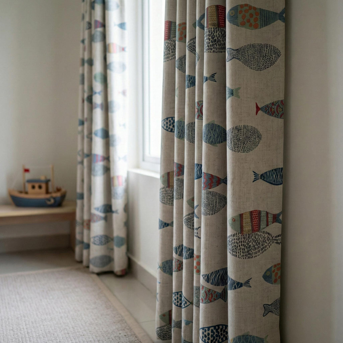 Embroidered Fish Linen Curtains, Coastal Nursery Decor, Flax Drapes — image 4