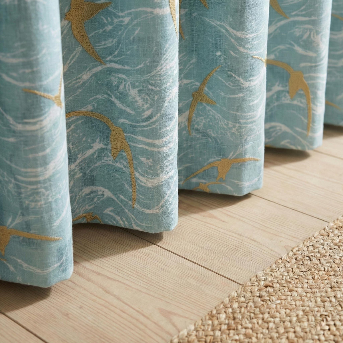 Sky Blue Linen Curtains, Gold Bird Embroidery, Coastal Nursery Drapes — image 8