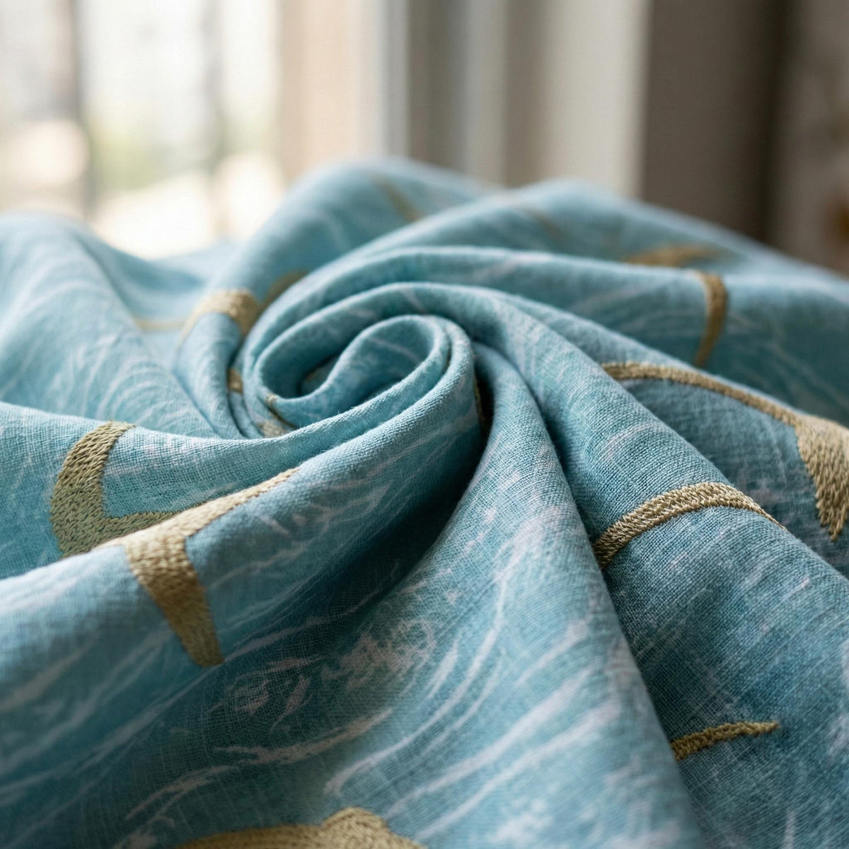 Sky Blue Linen Curtains, Gold Bird Embroidery, Coastal Nursery Drapes — image 5