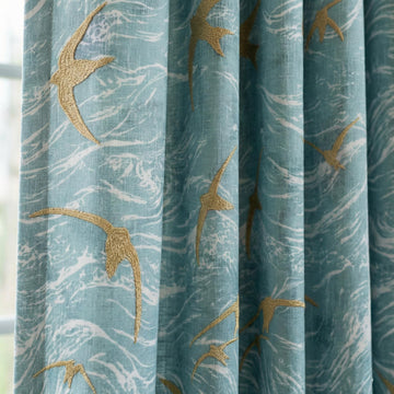 Sky Blue Linen Curtains, Gold Bird Embroidery, Coastal Nursery Drapes — image 1