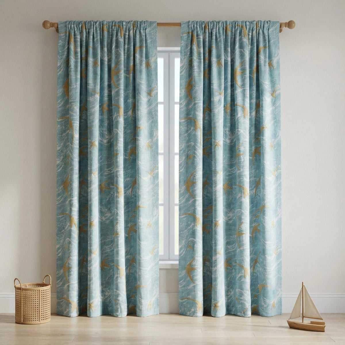 Sky Blue Linen Curtains, Gold Bird Embroidery, Coastal Nursery Drapes — image 9