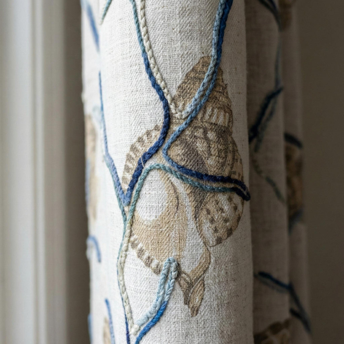Embroidered Seashell Linen Curtain, Coastal Nursery Decor — image 1
