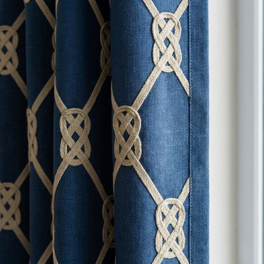 Navy Linen Curtains, Beige Knot Trellis Embroidery, Coastal Nursery Drapes — image 1