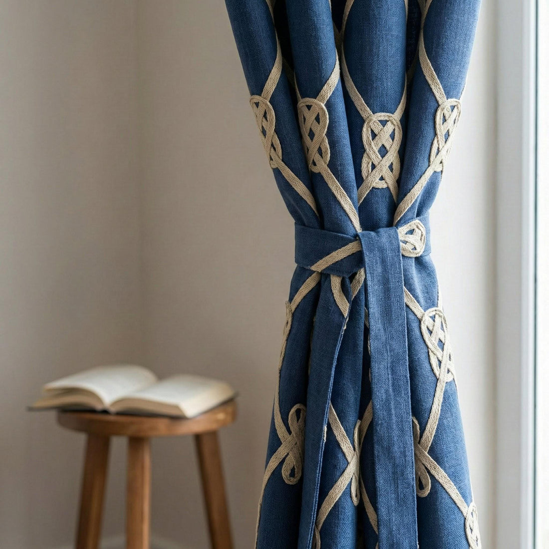 Navy Linen Curtains, Beige Knot Trellis Embroidery, Coastal Nursery Drapes — image 1