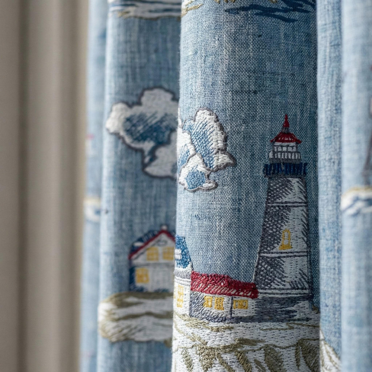 Embroidered Linen Curtains, Blue Lighthouse Nautical Nursery Decor, Custom Size — image 1
