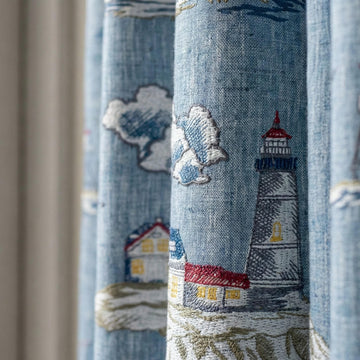 Embroidered Linen Curtains, Blue Lighthouse Nautical Nursery Decor, Custom Size — image 1