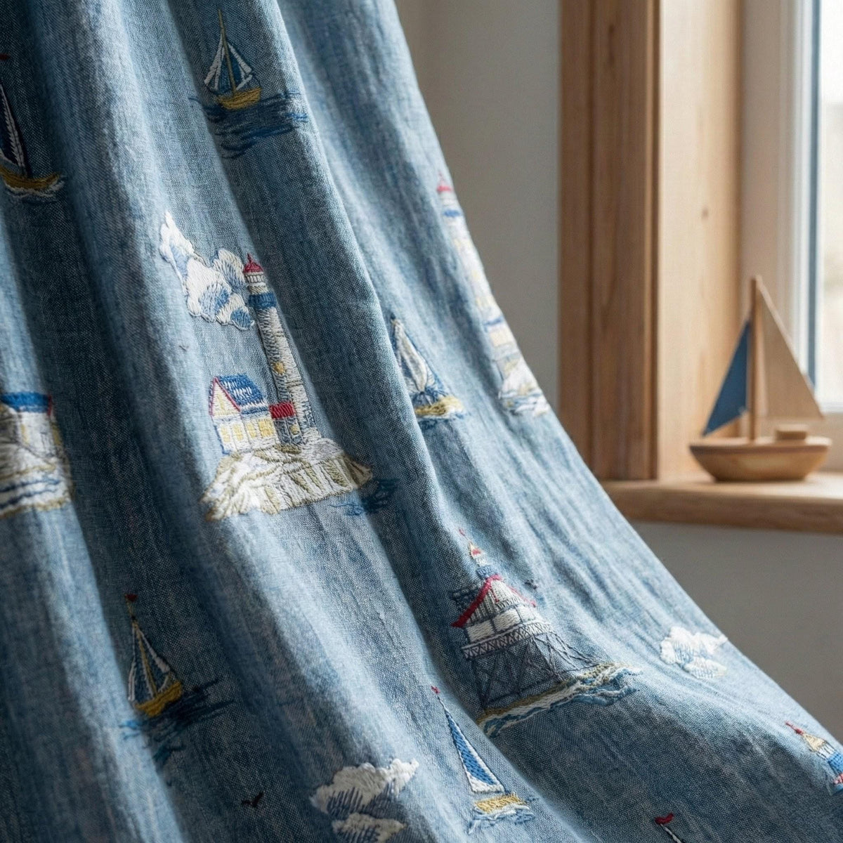 Embroidered Linen Curtains, Blue Lighthouse Nautical Nursery Decor, Custom Size — image 8