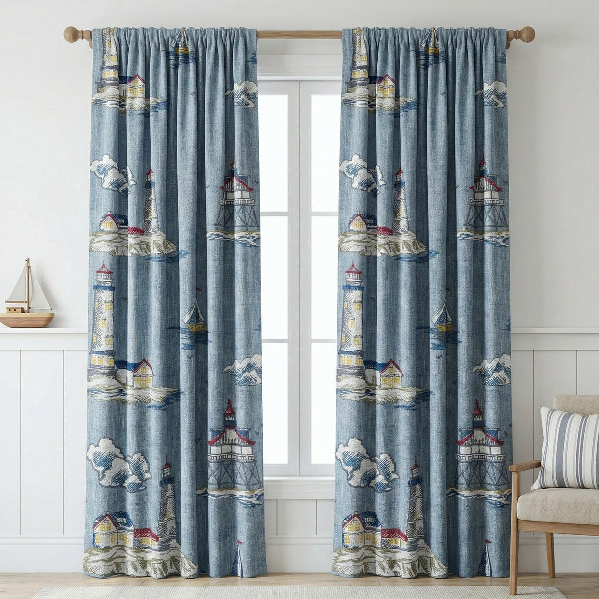 Embroidered Linen Curtains, Blue Lighthouse Nautical Nursery Decor, Custom Size — image 3