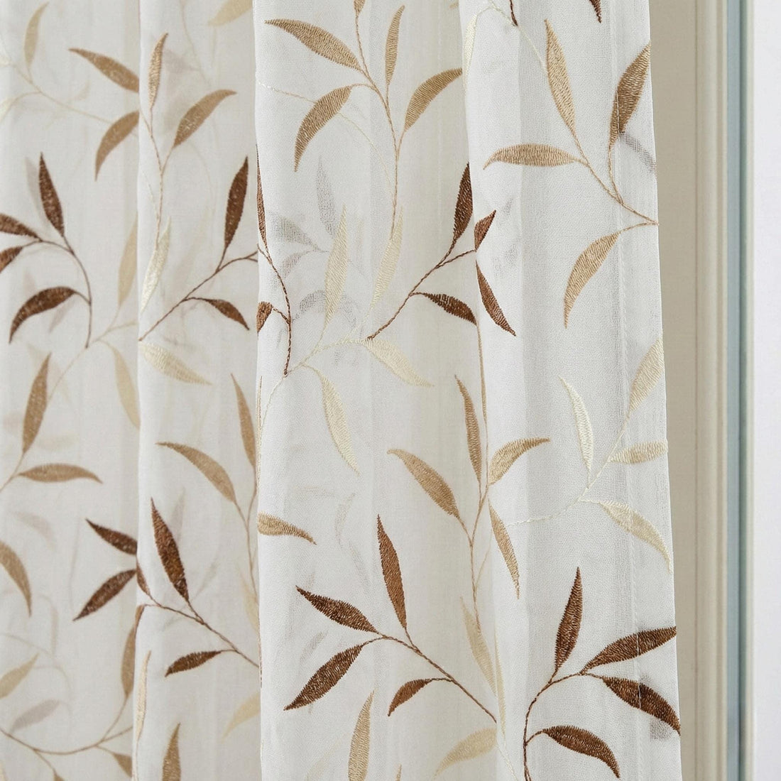 White Linen Sheer Curtains, Embroidered Leaf Vine, Light Filtering Drapes, Custom Size — image 1