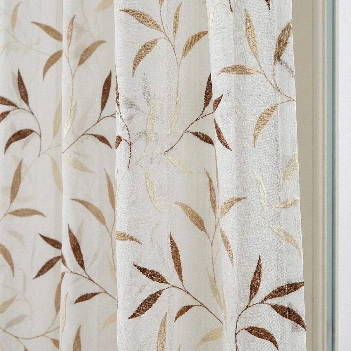White Linen Sheer Curtains, Embroidered Leaf Vine, Light Filtering Drapes, Custom Size — image 2