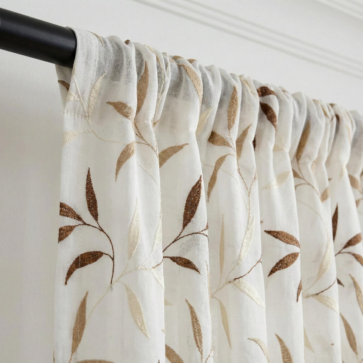 White Linen Sheer Curtains, Embroidered Leaf Vine, Light Filtering Drapes, Custom Size — image 4