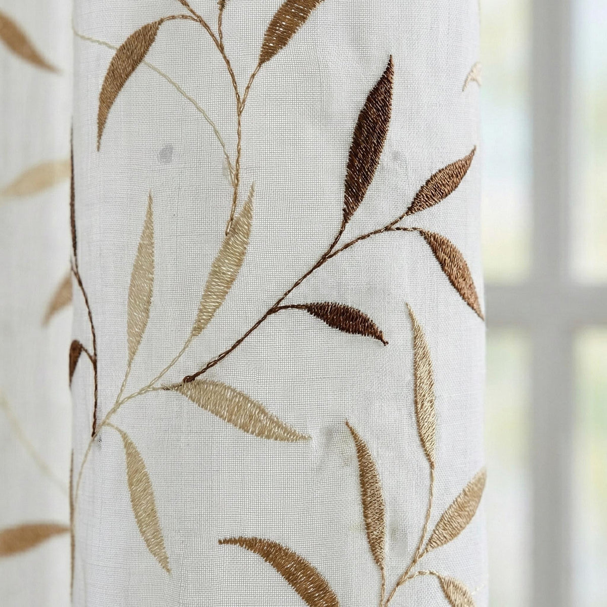 White Linen Sheer Curtains, Embroidered Leaf Vine, Light Filtering Drapes, Custom Size — image 10