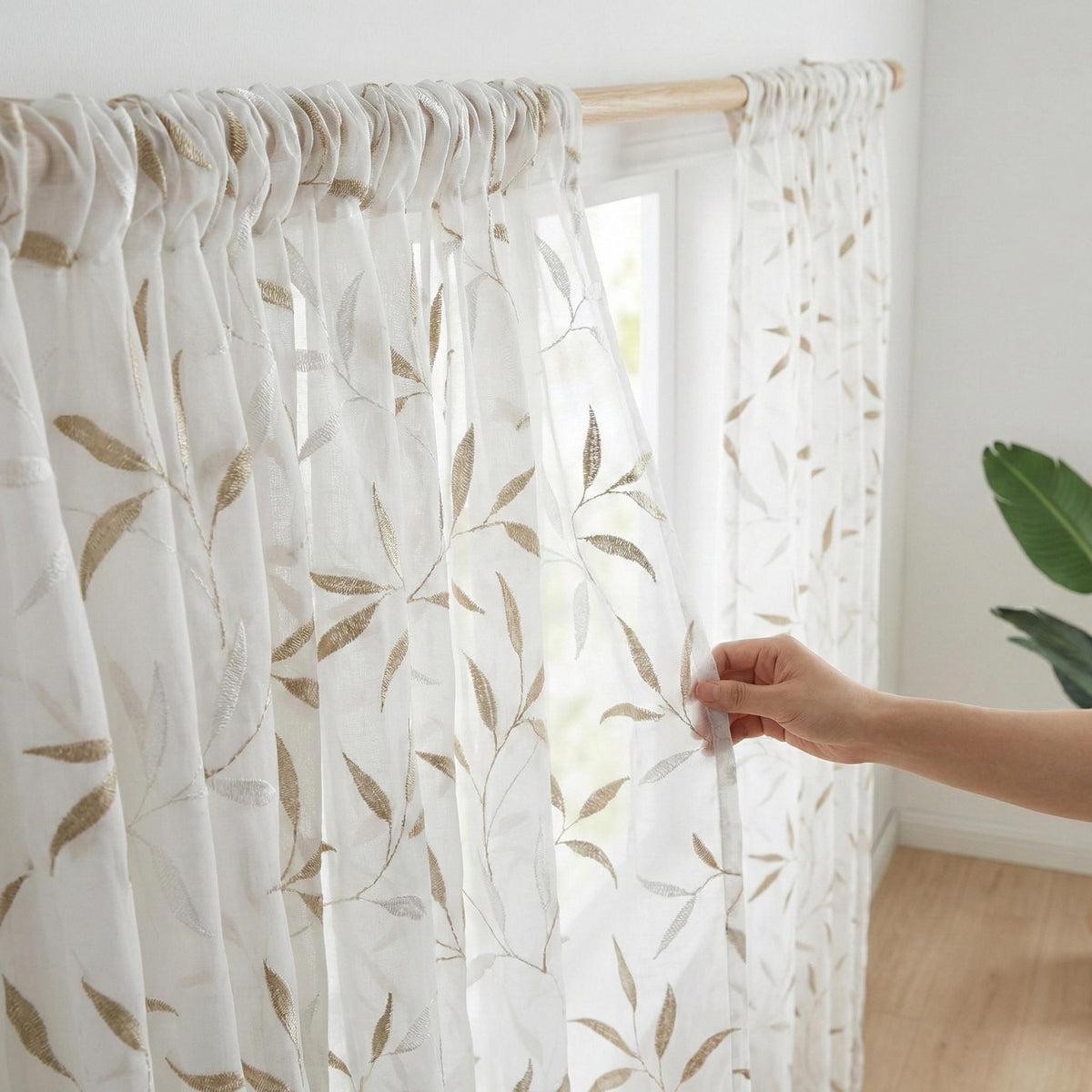 White Sheer Linen Curtain, Taupe Ivory Leaf Embroidery, Light Filtering — image 10