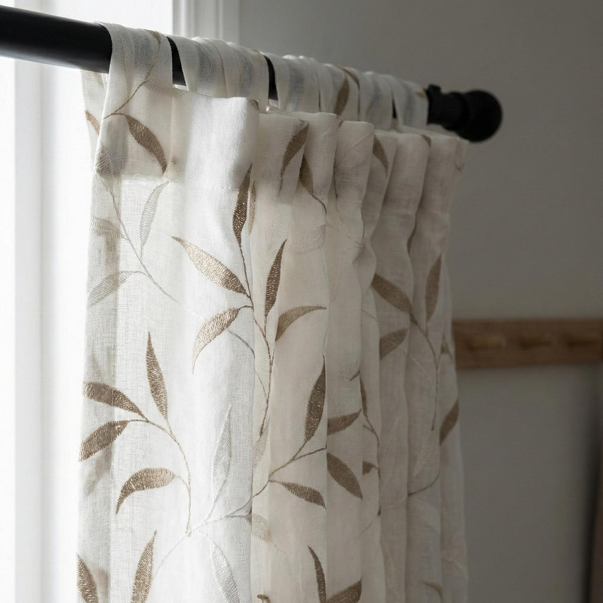 White Sheer Linen Curtain, Taupe Ivory Leaf Embroidery, Light Filtering — image 6