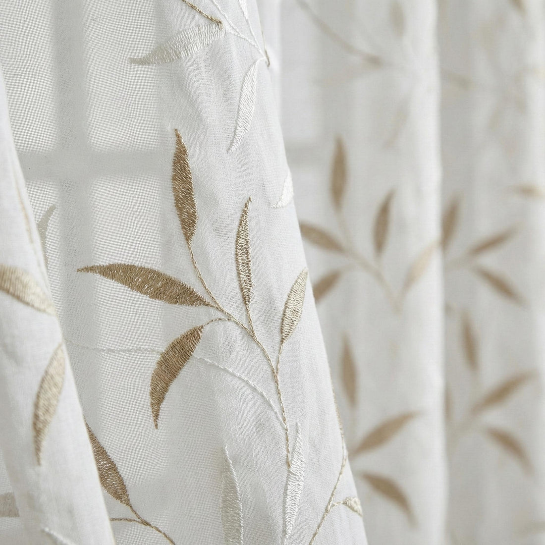 White Sheer Linen Curtain, Taupe Ivory Leaf Embroidery, Light Filtering — image 1