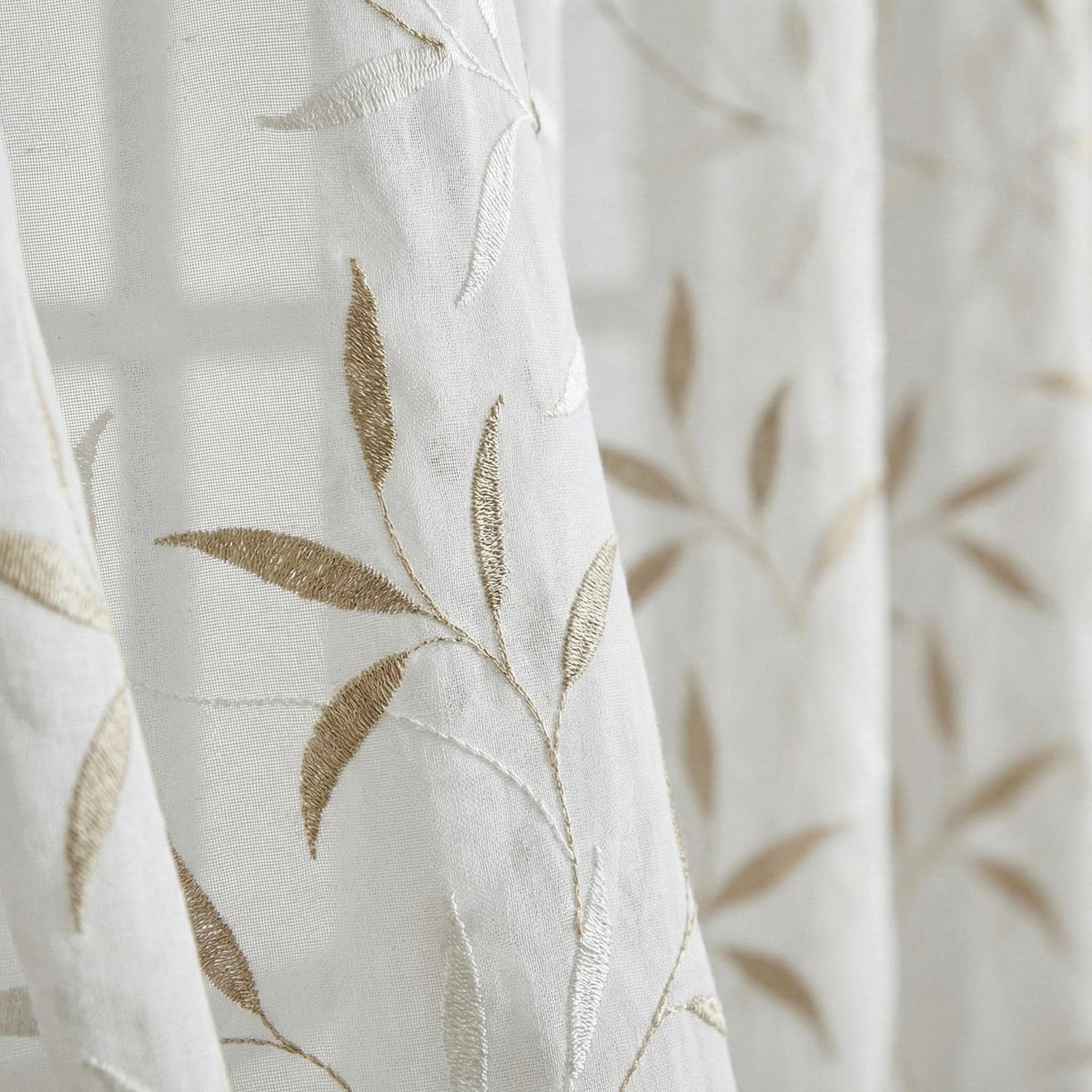 White Sheer Linen Curtain, Taupe Ivory Leaf Embroidery, Light Filtering — image 1