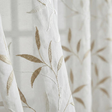 White Sheer Linen Curtain, Taupe Ivory Leaf Embroidery, Light Filtering — image 1