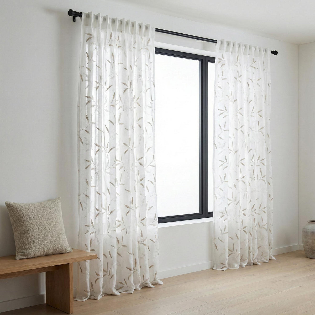 White Sheer Linen Curtain, Taupe Ivory Leaf Embroidery, Light Filtering — image 7