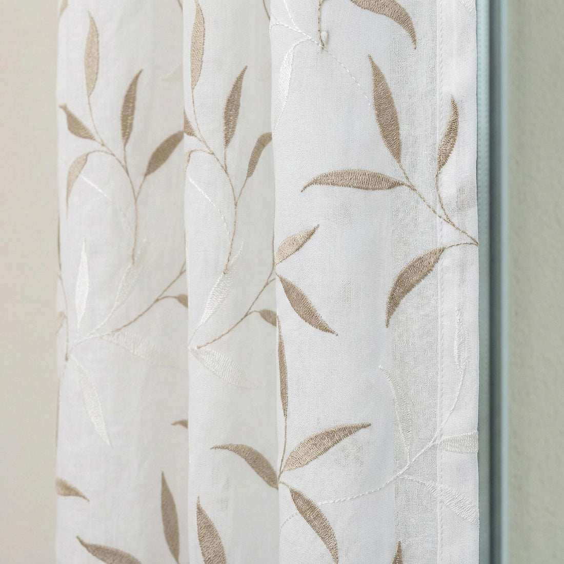 White Sheer Linen Curtain, Taupe Ivory Leaf Embroidery, Light Filtering — image 1