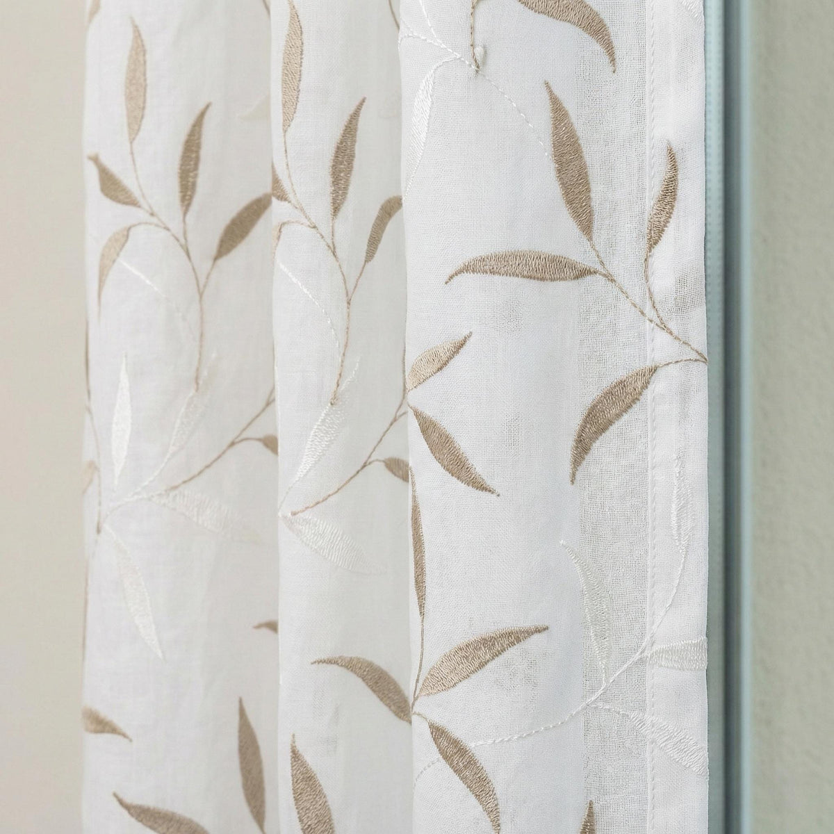 White Sheer Linen Curtain, Taupe Ivory Leaf Embroidery, Light Filtering — image 2