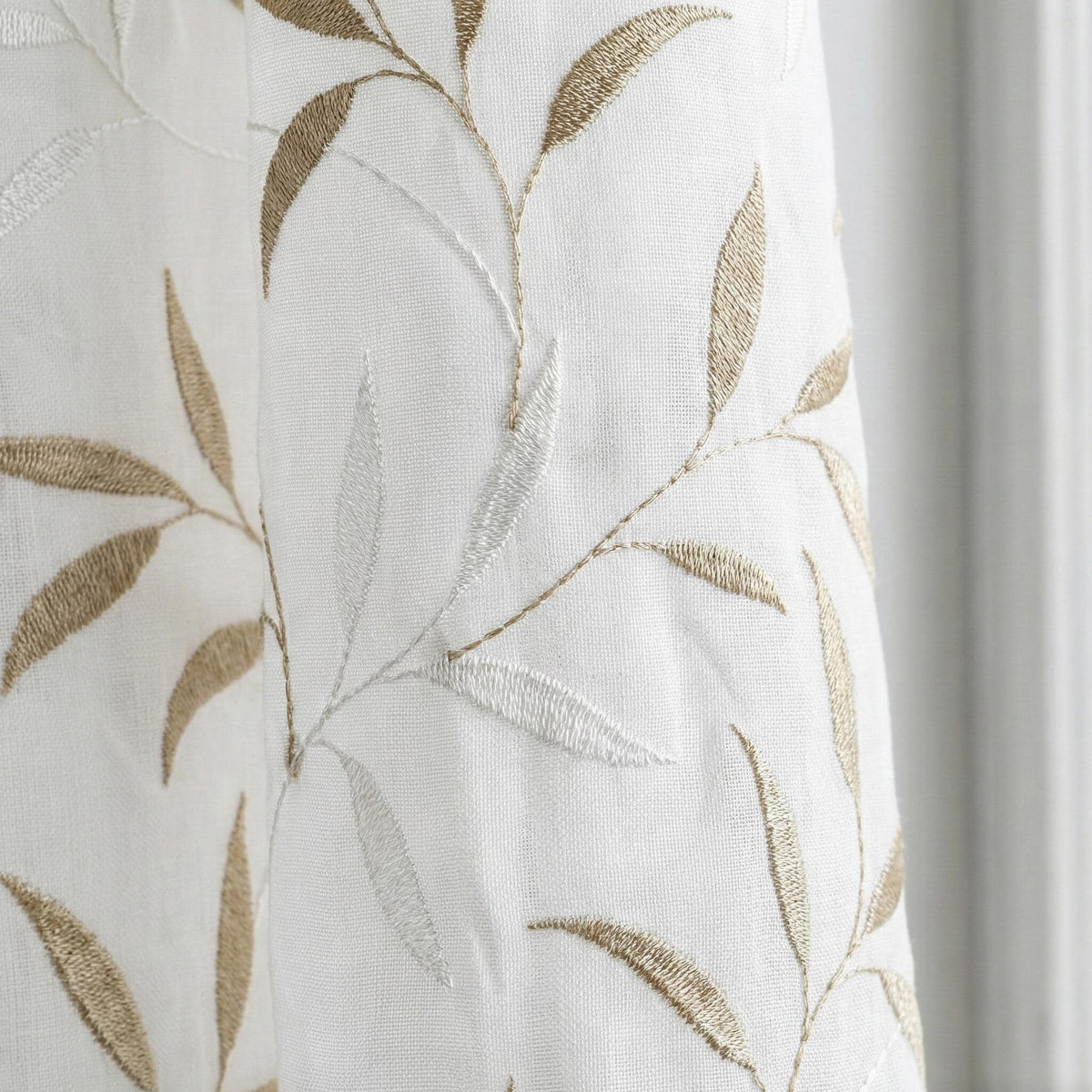 White Sheer Linen Curtain, Taupe Ivory Leaf Embroidery, Light Filtering — image 3