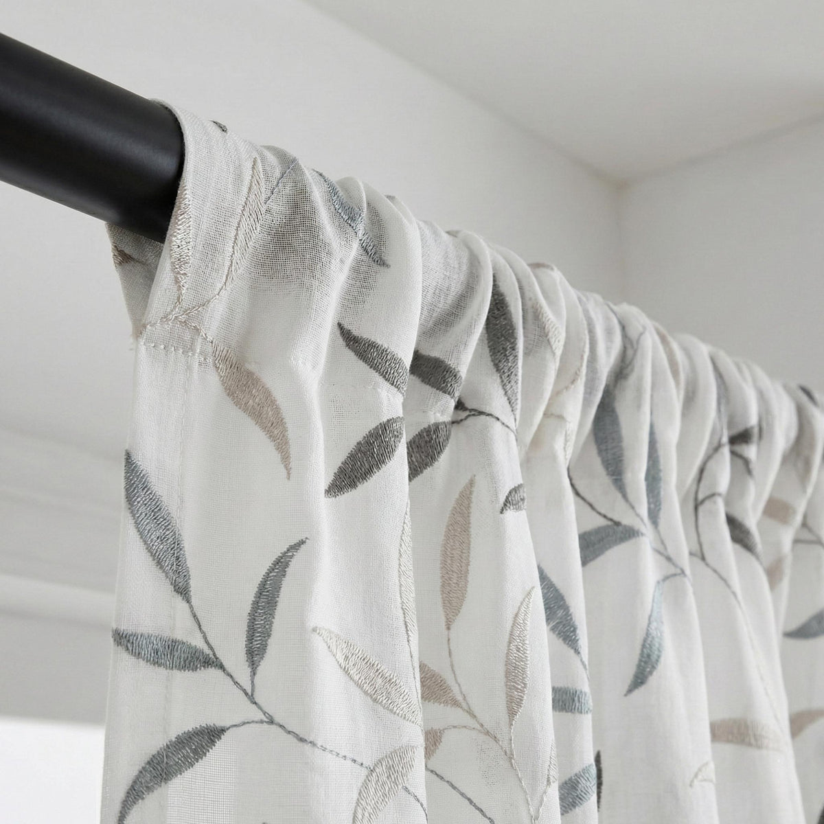 White Linen Sheer Curtains, Blue Gray Leaf Embroidery, Light Filtering — image 9
