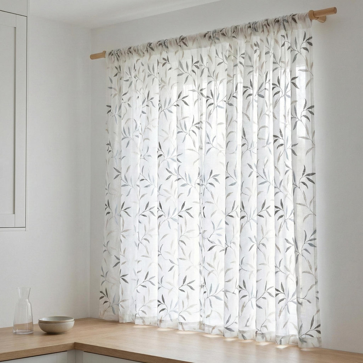 White Linen Sheer Curtains, Blue Gray Leaf Embroidery, Light Filtering — image 6