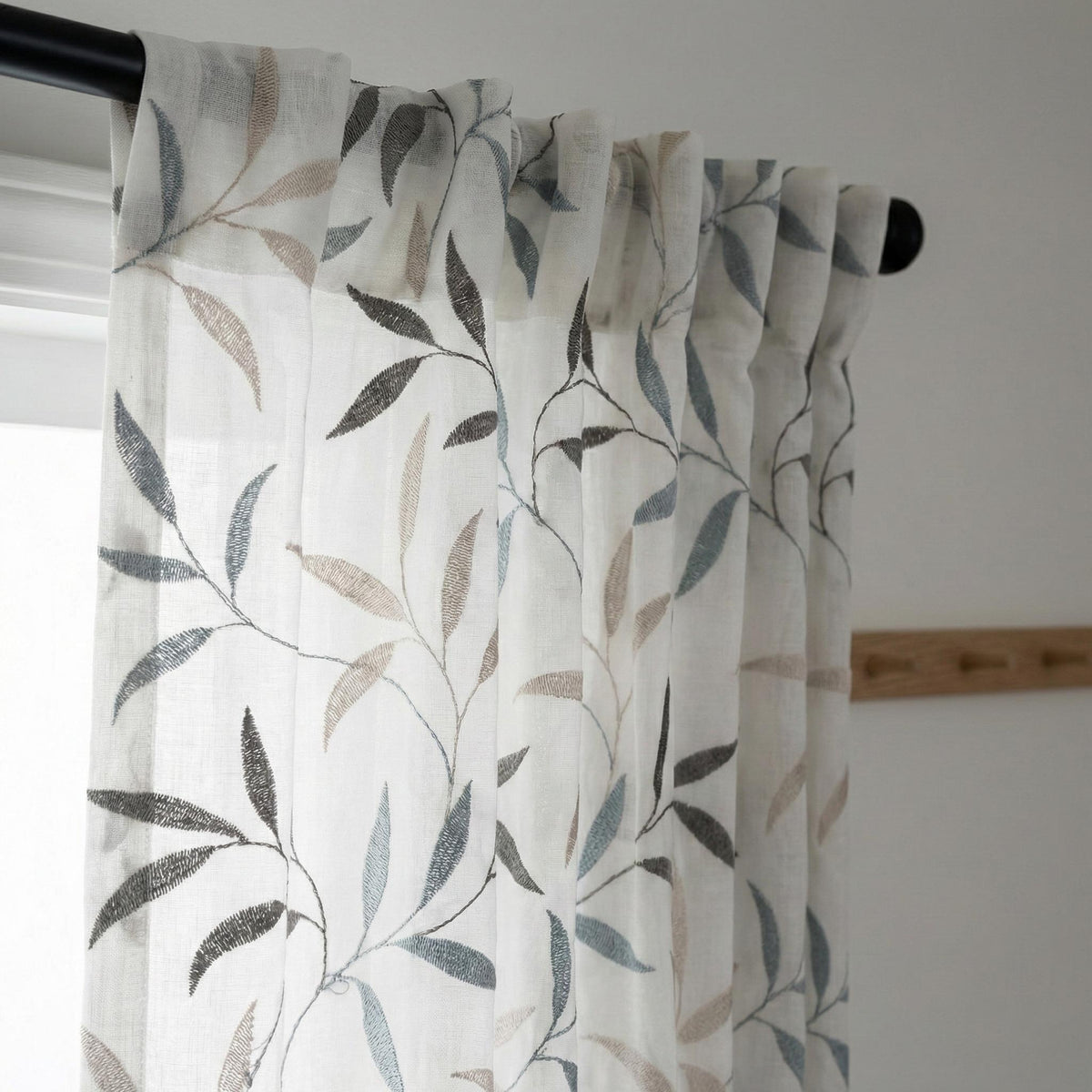 White Linen Sheer Curtains, Blue Gray Leaf Embroidery, Light Filtering — image 7