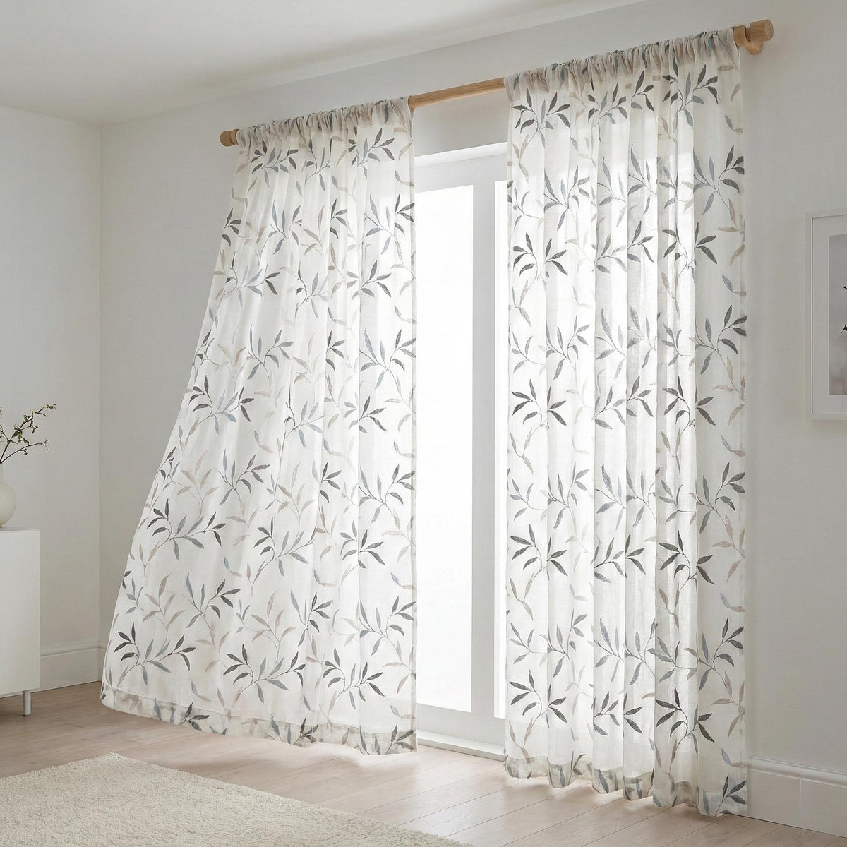 White Linen Sheer Curtains, Blue Gray Leaf Embroidery, Light Filtering — image 5