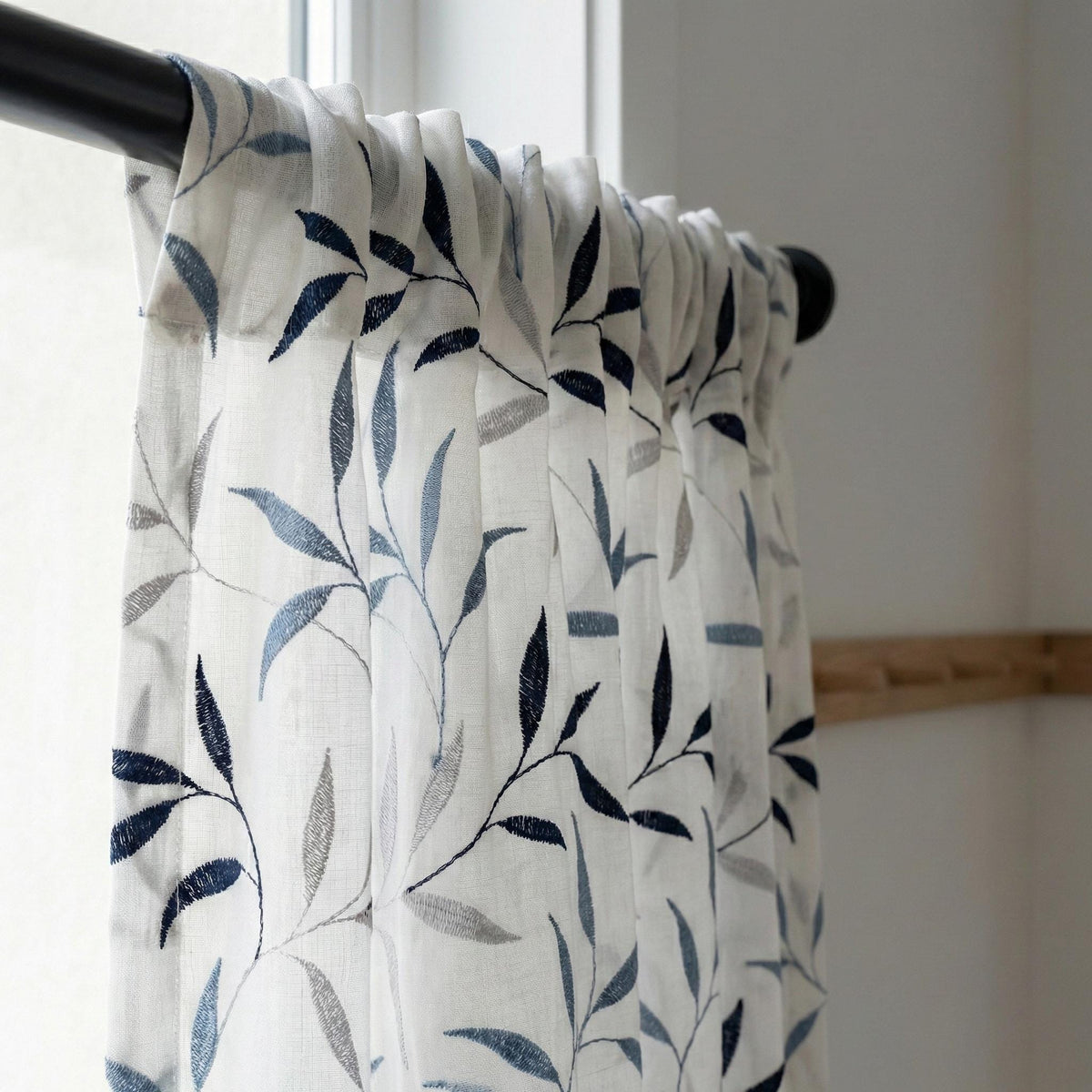 White Linen Sheer Curtains, Navy & Sky Blue Leaf Embroidery, Light Filtering — image 4