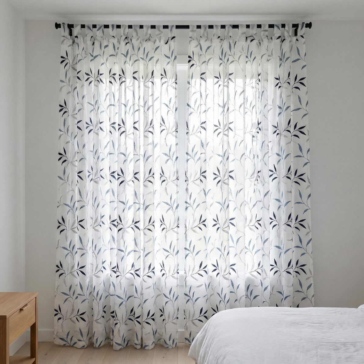 White Linen Sheer Curtains, Navy & Sky Blue Leaf Embroidery, Light Filtering — image 7