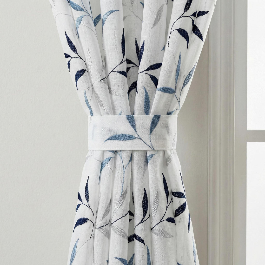 White Linen Sheer Curtains, Navy & Sky Blue Leaf Embroidery, Light Filtering — image 1
