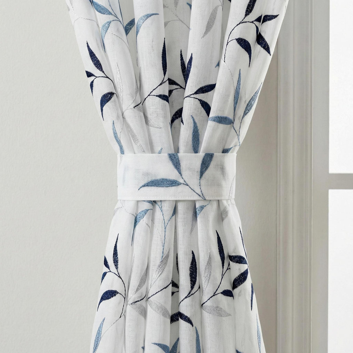 White Linen Sheer Curtains, Navy & Sky Blue Leaf Embroidery, Light Filtering — image 2
