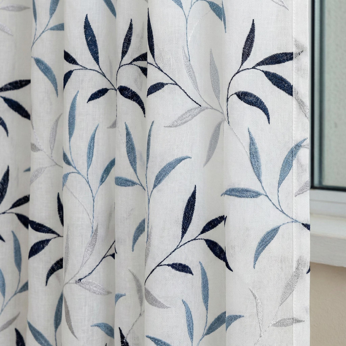 White Linen Sheer Curtains, Navy & Sky Blue Leaf Embroidery, Light Filtering — image 6