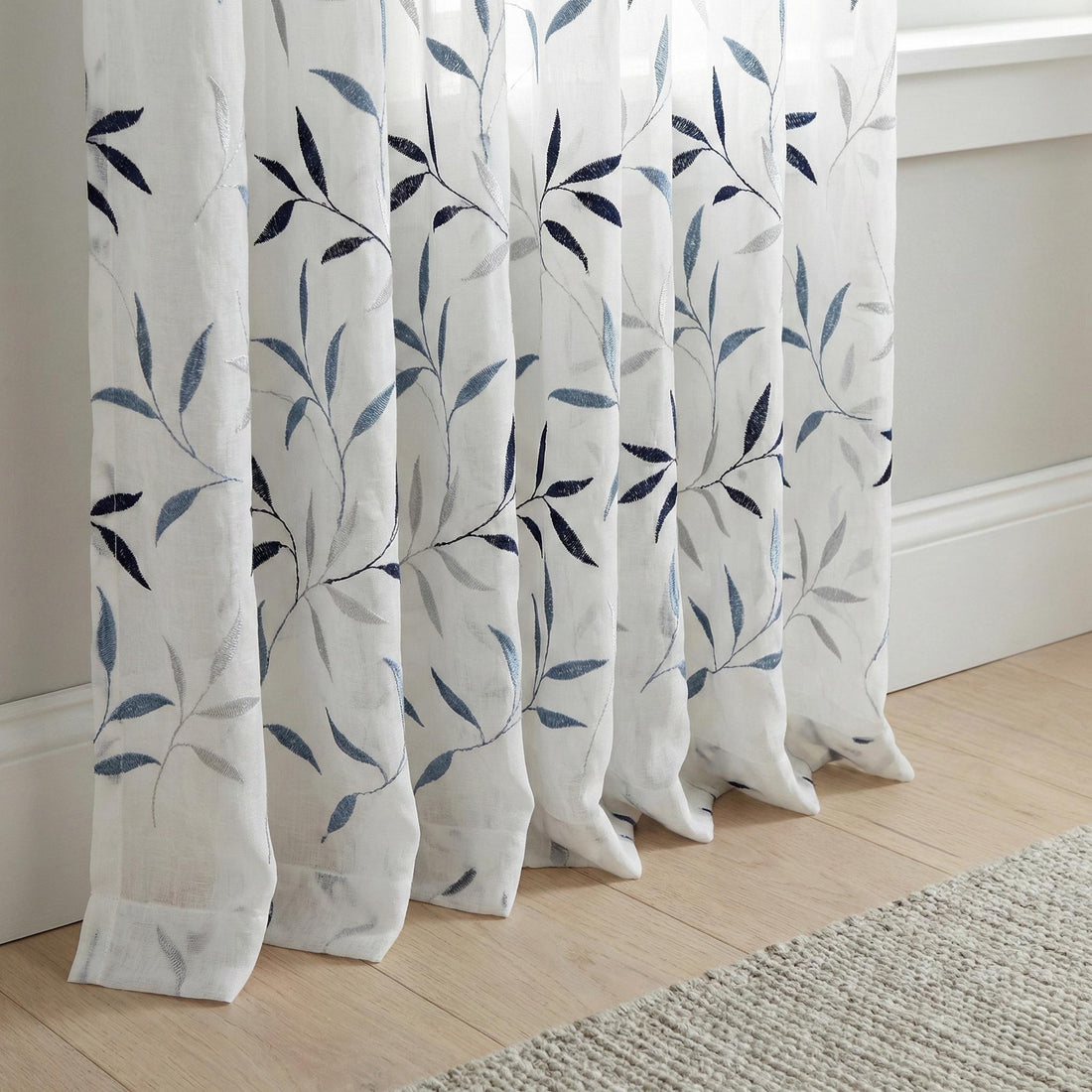 White Linen Sheer Curtains, Navy & Sky Blue Leaf Embroidery, Light Filtering — image 1
