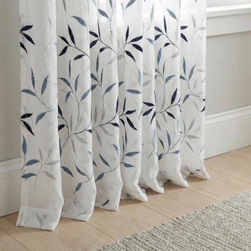 White Linen Sheer Curtains, Navy & Sky Blue Leaf Embroidery, Light Filtering — image 1