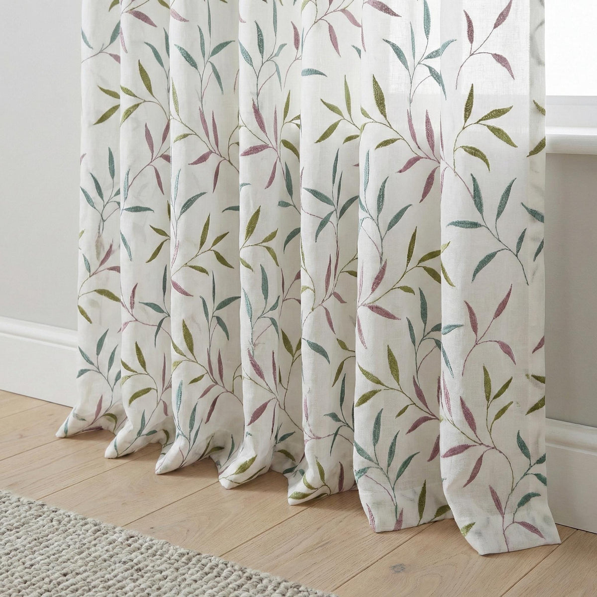 White Linen Sheer Curtains, Sage Green Mauve Leaf Embroidery, Light Filtering — image 2