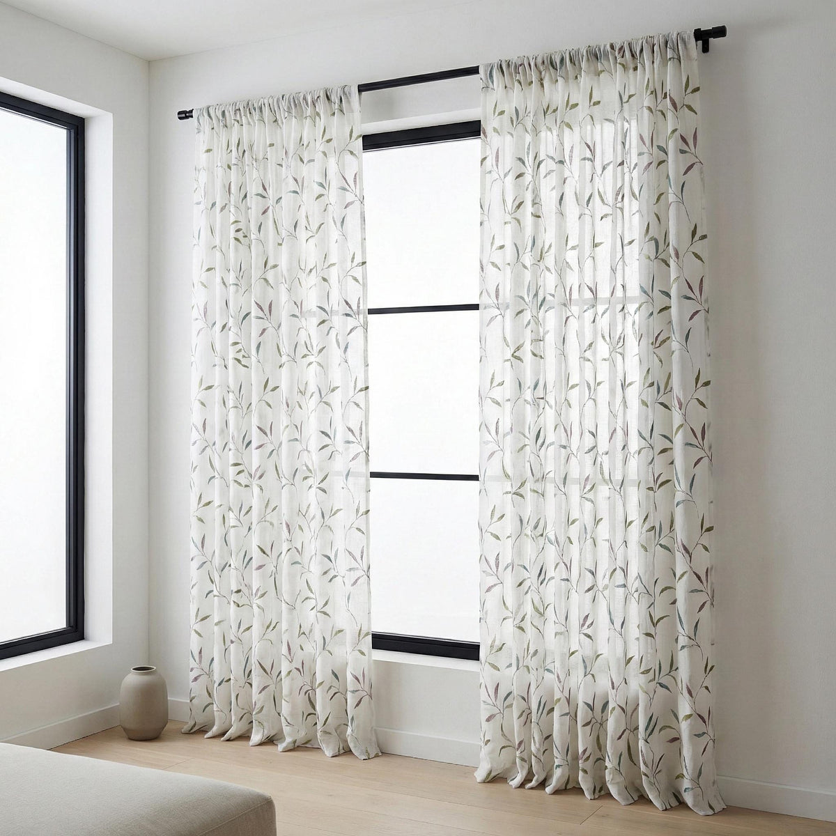 White Linen Sheer Curtains, Sage Green Mauve Leaf Embroidery, Light Filtering — image 6