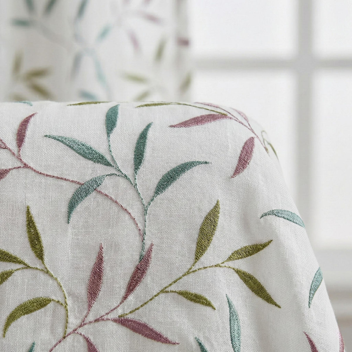 White Linen Sheer Curtains, Sage Green Mauve Leaf Embroidery, Light Filtering — image 7