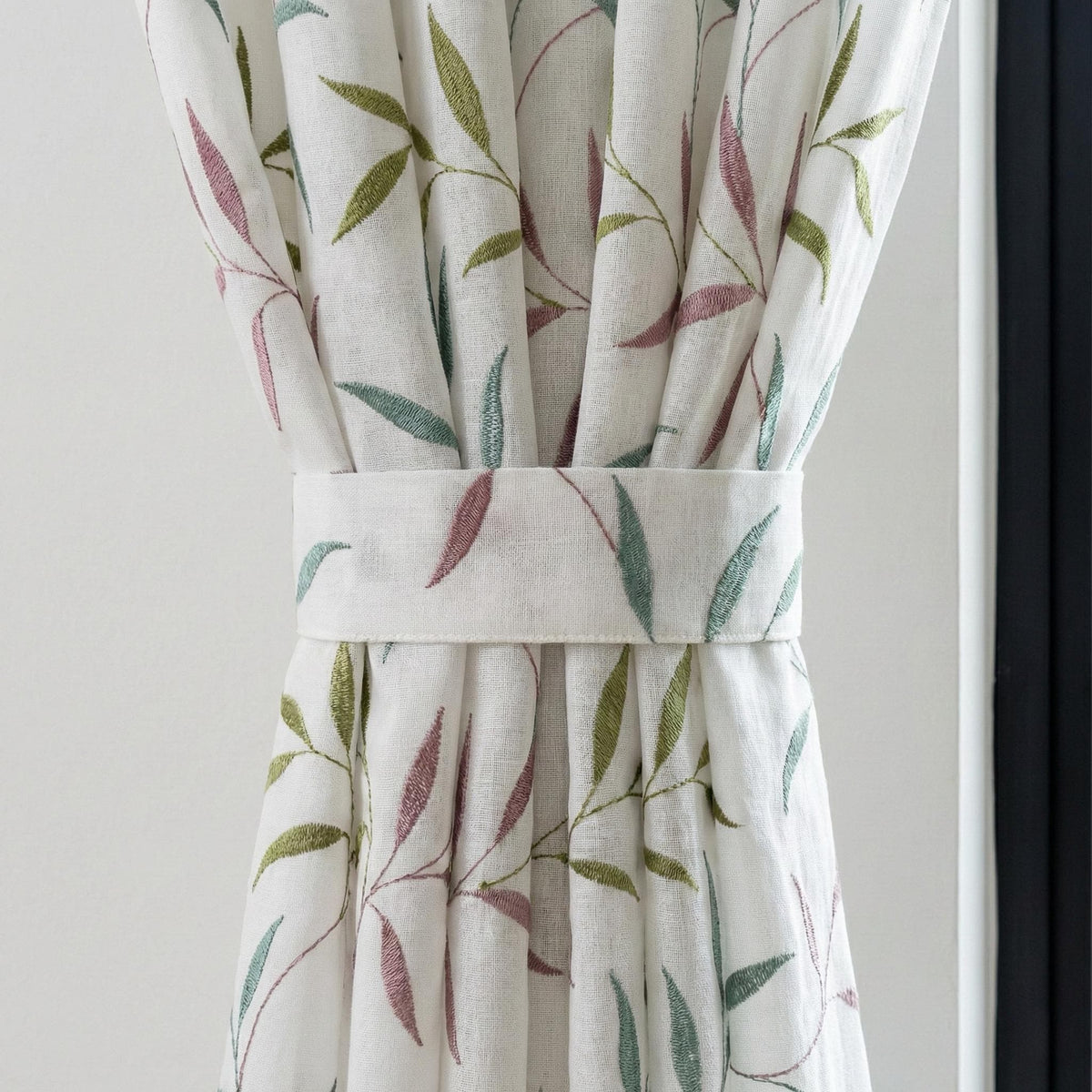 White Linen Sheer Curtains, Sage Green Mauve Leaf Embroidery, Light Filtering — image 3