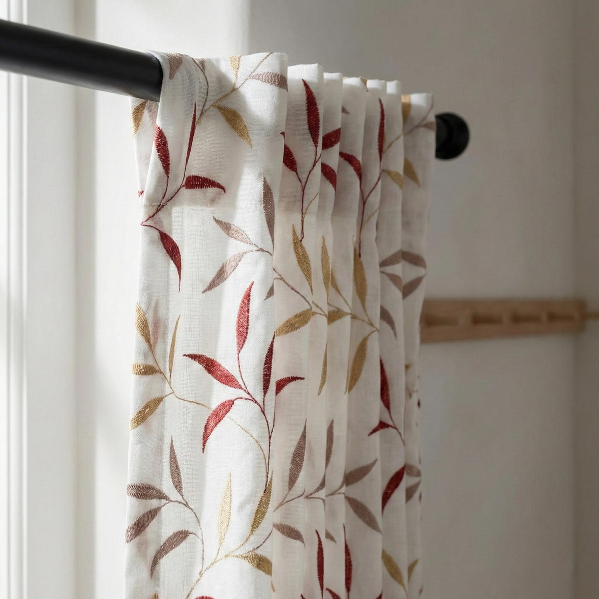 White Linen Sheer Curtains, Terracotta Leaf Embroidery, Light Filtering Drapes — image 2