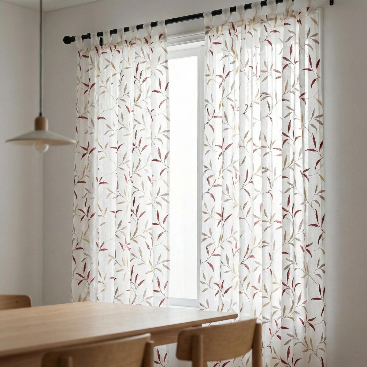 White Linen Sheer Curtains, Terracotta Leaf Embroidery, Light Filtering Drapes — image 5