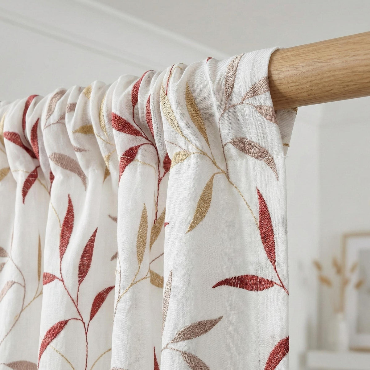 White Linen Sheer Curtains, Terracotta Leaf Embroidery, Light Filtering Drapes — image 8