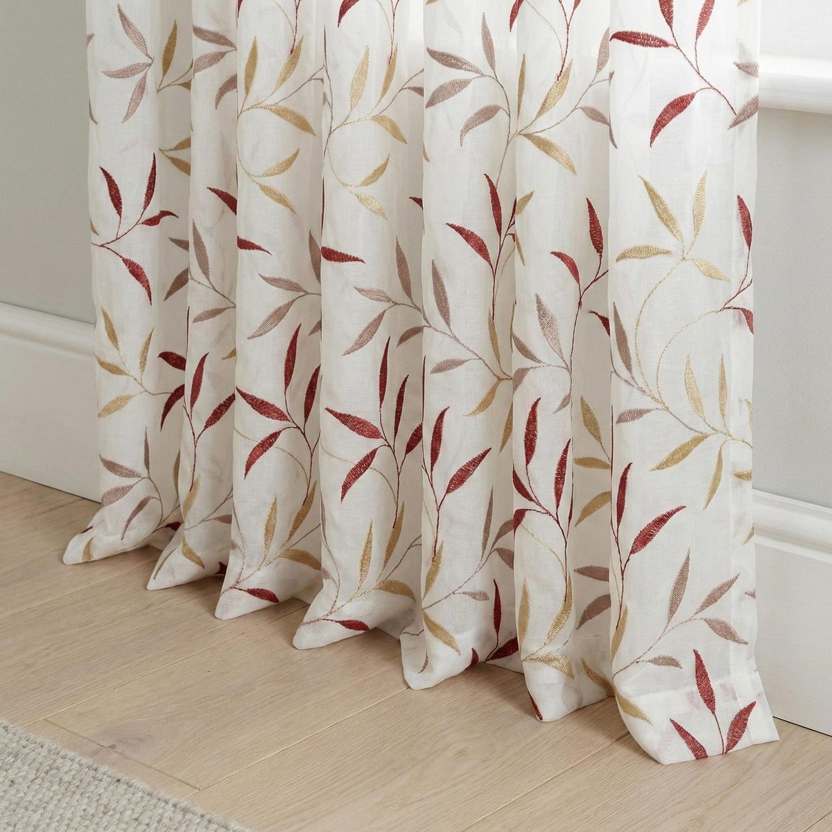 White Linen Sheer Curtains, Terracotta Leaf Embroidery, Light Filtering Drapes — image 4