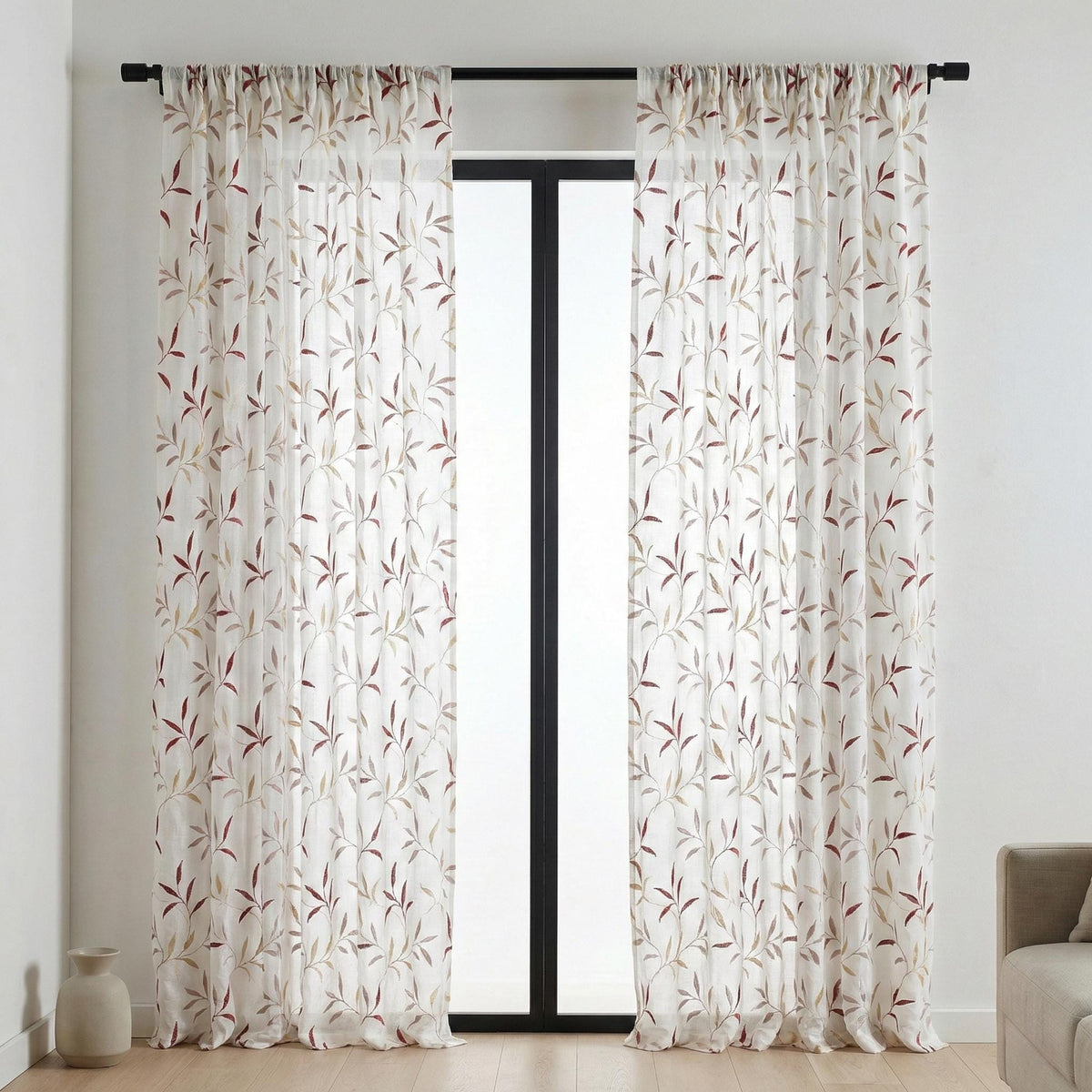 White Linen Sheer Curtains, Terracotta Leaf Embroidery, Light Filtering Drapes — image 7