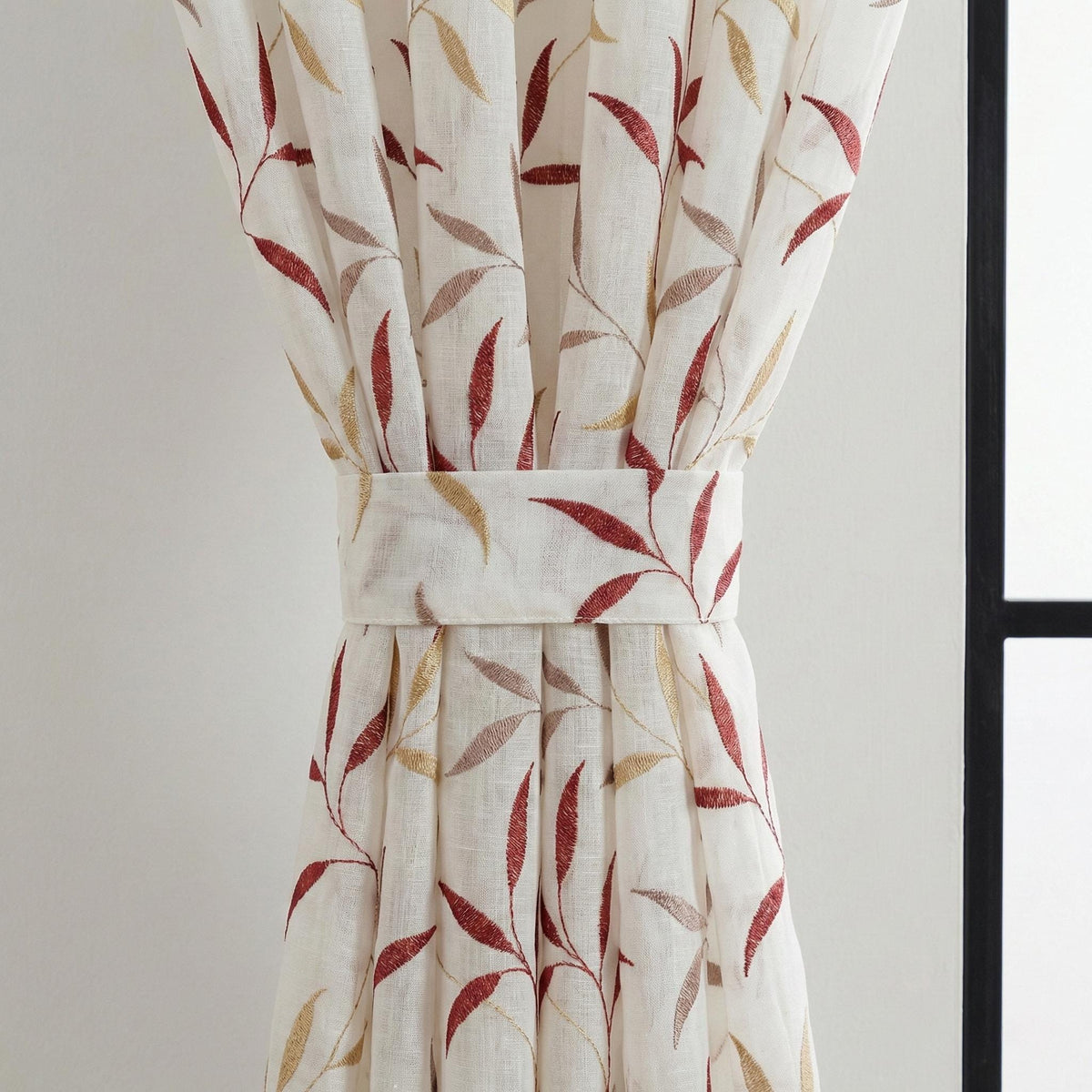 White Linen Sheer Curtains, Terracotta Leaf Embroidery, Light Filtering Drapes — image 3