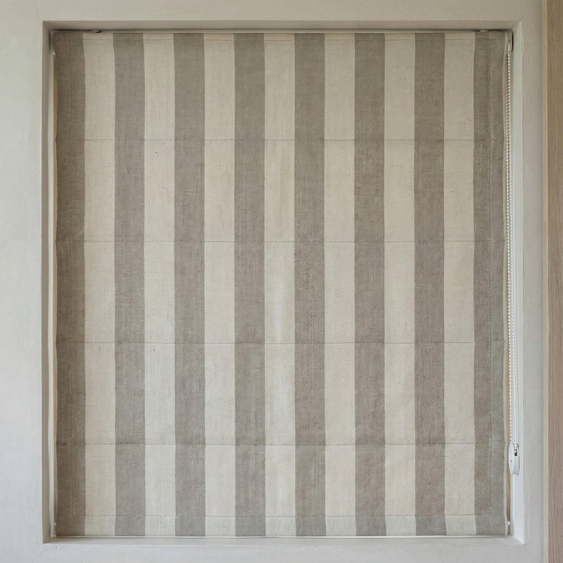 Organic Hemp Stripe Roman Shade, Taupe Beige Ivory Corded Blind — image 1