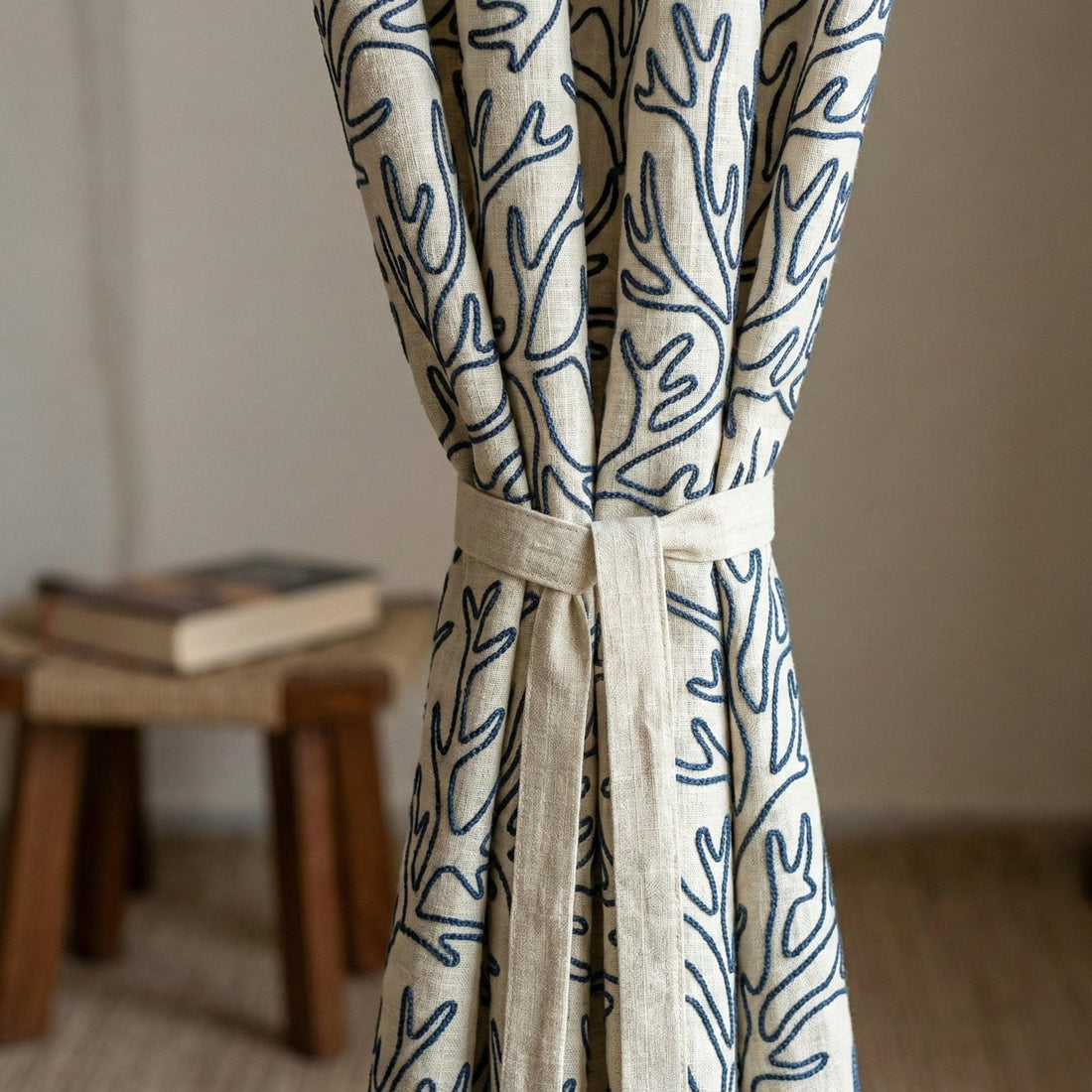Embroidered Linen Curtains, Navy Coral Reef, Coastal Nursery Drapes — image 1