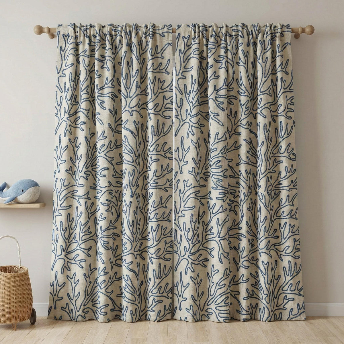 Embroidered Linen Curtains, Navy Coral Reef, Coastal Nursery Drapes — image 7