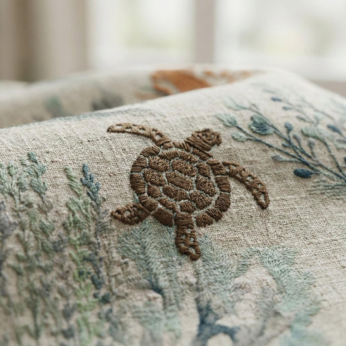 Embroidered Linen Nursery Curtains, Ocean Toile Sea Life Drapes — image 1